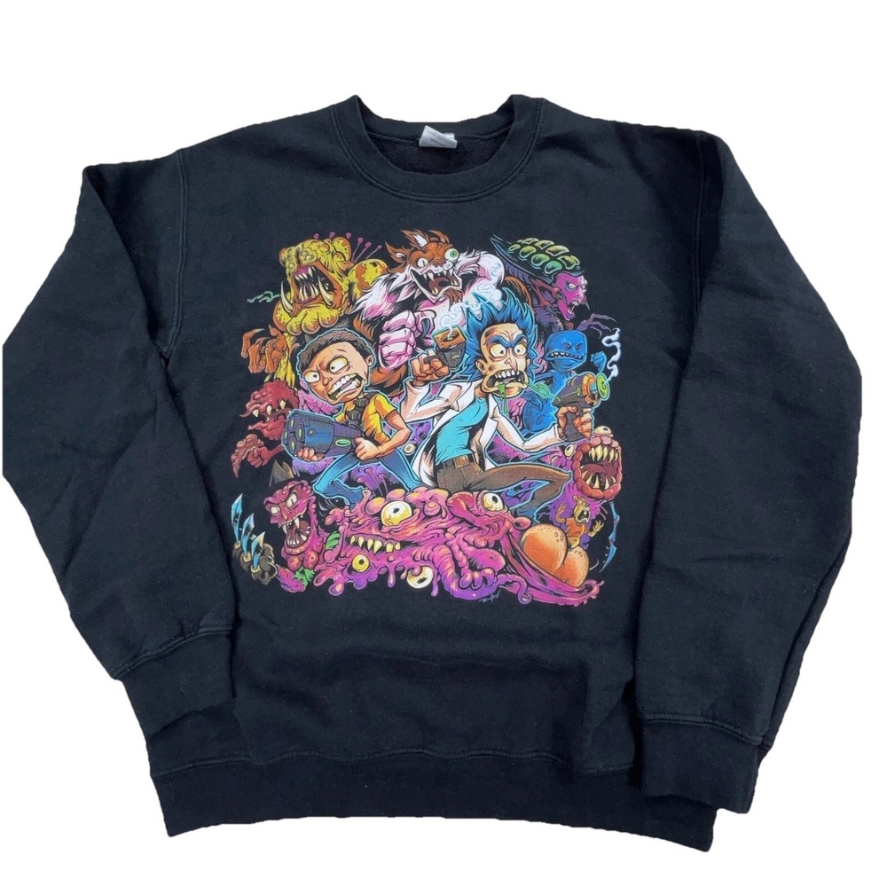 Rick & Morty Sweatshirt Men Small Black Crew‎ Neck Sweater Graffiti Psychedelic